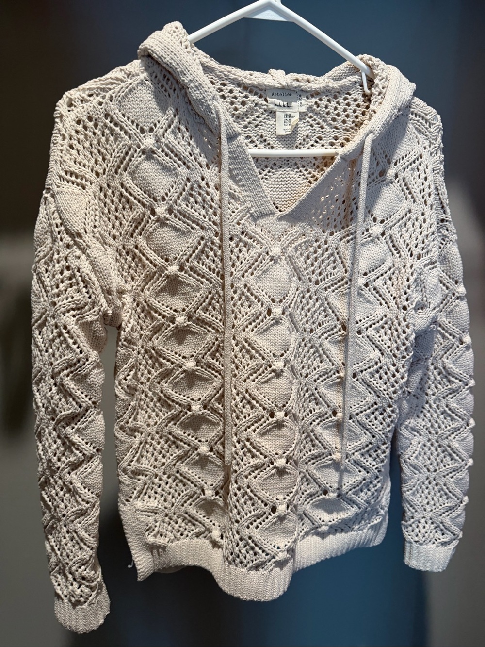 Artelier Cream Open-Knit Cowl Hoodie Sweater